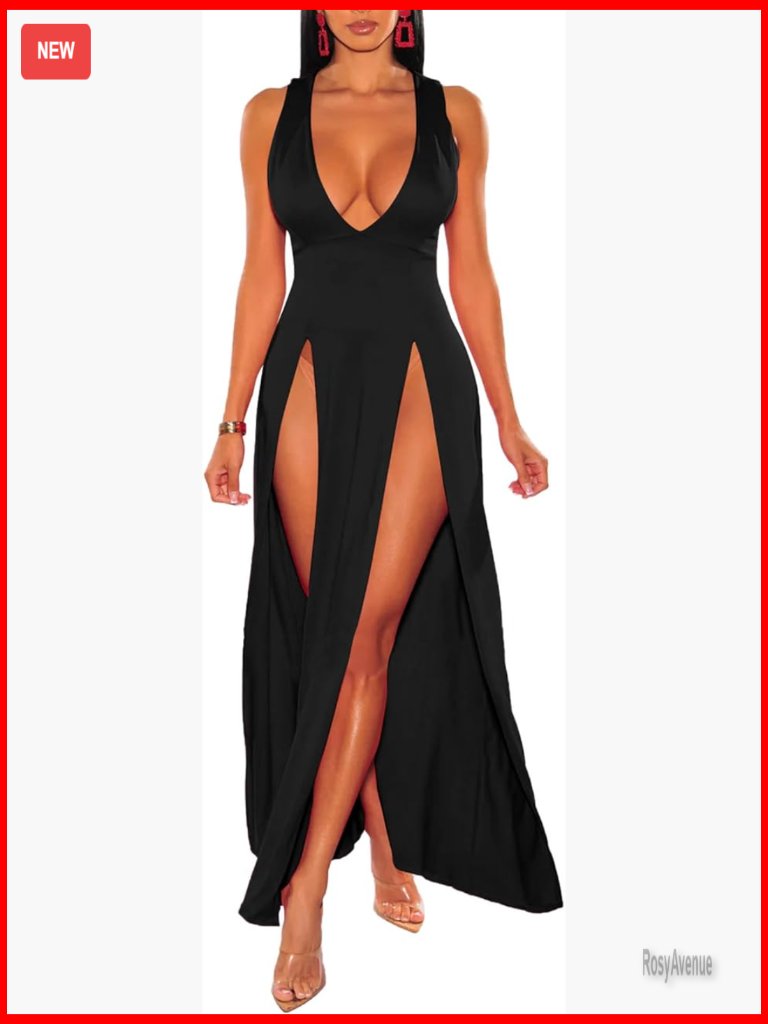 Women's Maxi Dress Sleeveless V-Neck Bodycon Wrap Double Slit Cover Up